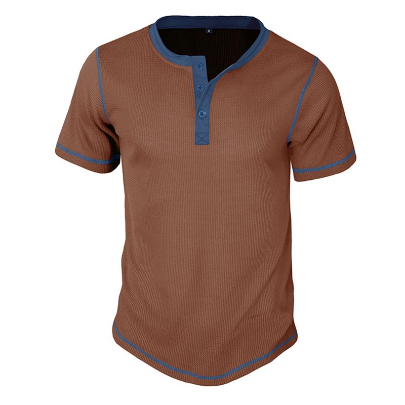 Mens Vintage Waffle Colorblock Short Sleeve Henley T-Shirt 19376028X