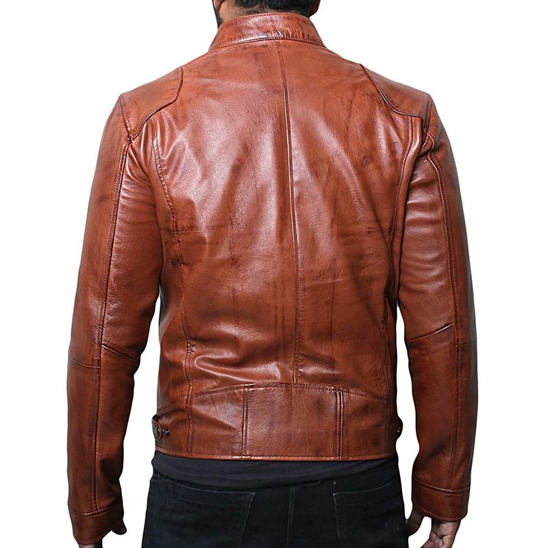 Mens Vintage Distressed Stand Collar Long Sleeve Leather Motorcycle Jacket 68509504M