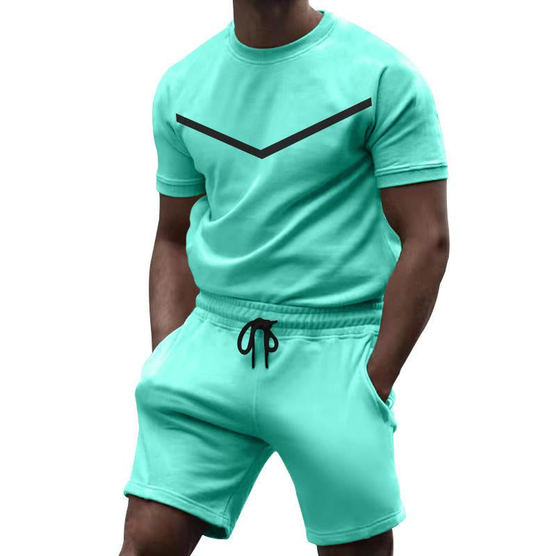 Mens Sports Solid Color Round Neck T-Shirt Short Sleeve Shorts Set 53183310Y