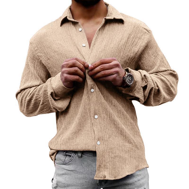 Mens Solid Loose Linen Lapel Long Sleeve Shirt 01526129Z