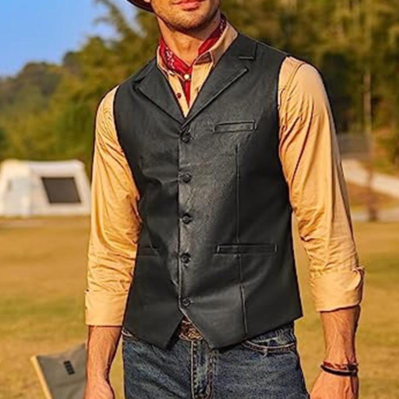 Mens Vintage V Neck Slim Single Breasted Leather Vest 90958464M