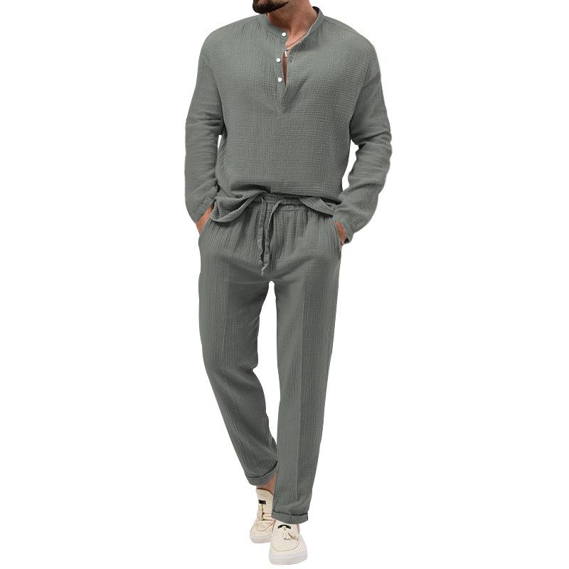 Mens Solid Loose Henley Collar Long Sleeve Shirt Trousers Set 26131708Z