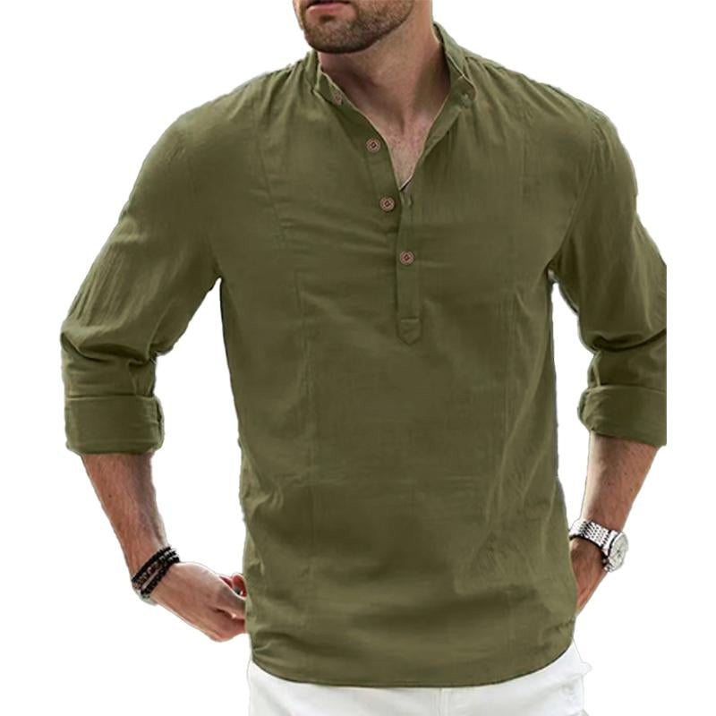 Mens Solid Color Simple Stand Collar Loose Casual Long Sleeve Shirt 01867878X