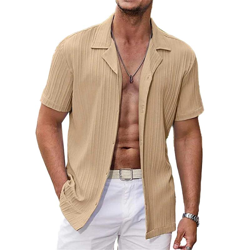 Mens Casual Solid Color Striped Short Sleeve Lapel Shirt 31319945Y