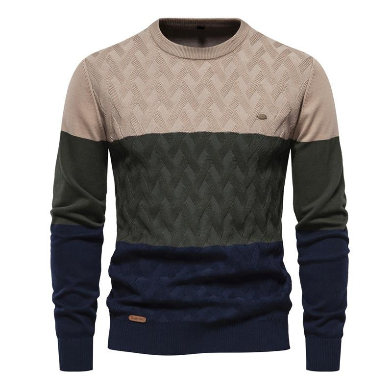 Mens Round Neck Color Contrast Stripe Knit Sweater 61073264X