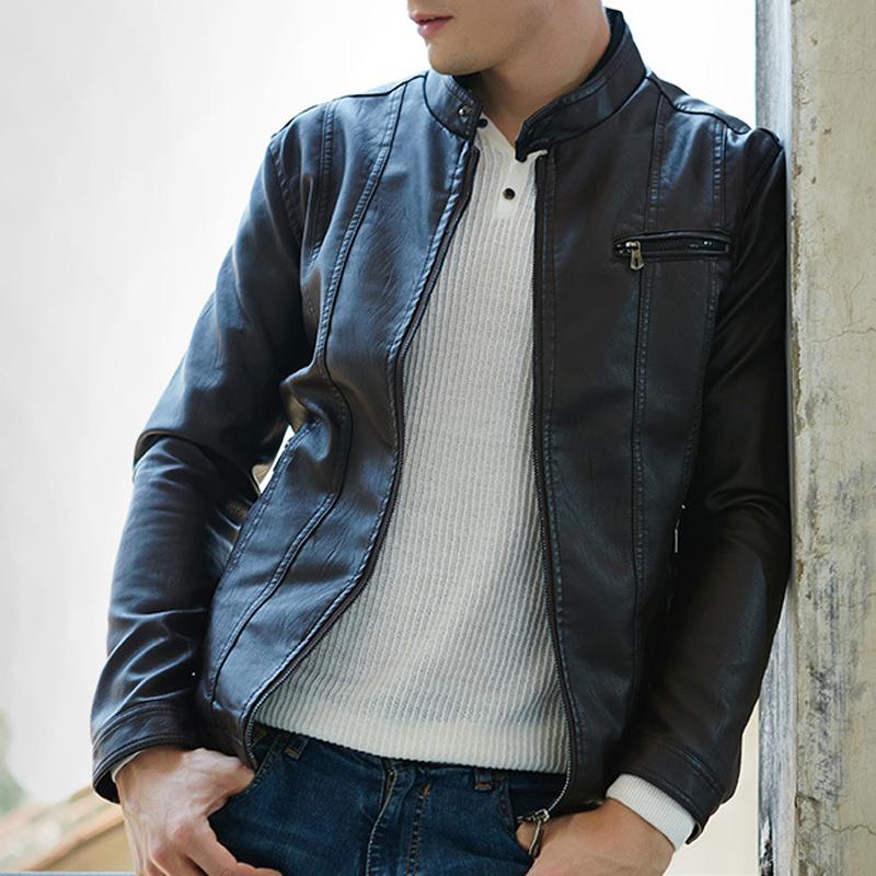 MenS Vintage Tough Guy Rugged Style Stand Collar Leather Jacket 50816108Y