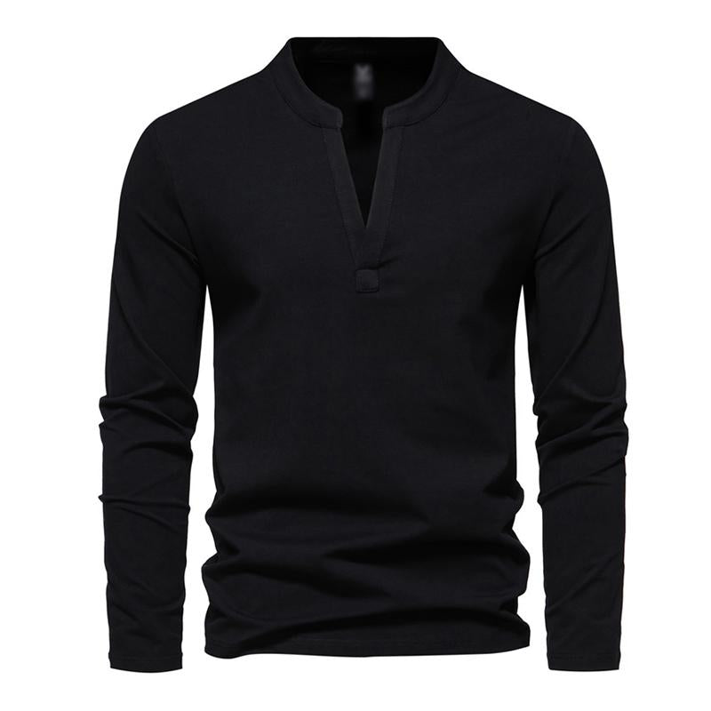 Mens Casual Solid Color V-Neck Loose Long-Sleeved T-Shirt 11957620M