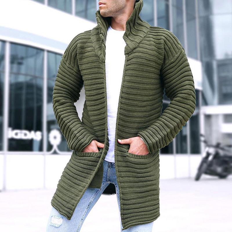 Mens Solid Stand Collar Mid-length Knit Cardigan 90370724Z