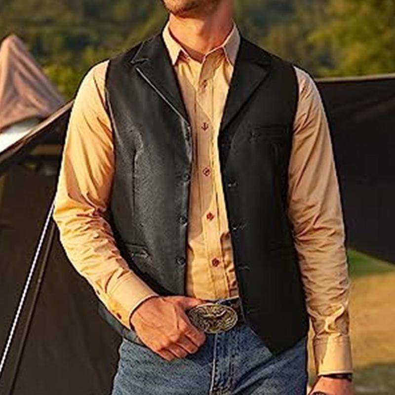 Mens Vintage V Neck Slim Single Breasted Leather Vest 90958464M