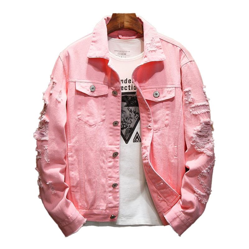 Mens Fashion Solid Color Ripped Loose Lapel Single Breasted Denim Jacket 71777939M