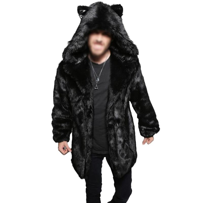 Mens Solid Color Faux Fur Hooded Coat 15174955X