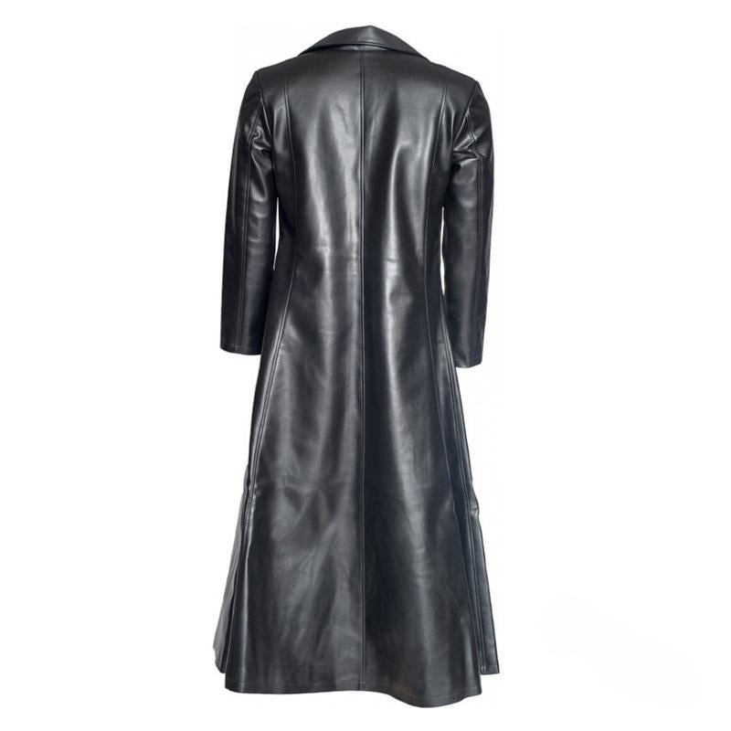 Mens Solid Lapel Skinny Button Leather Coat 20213788X