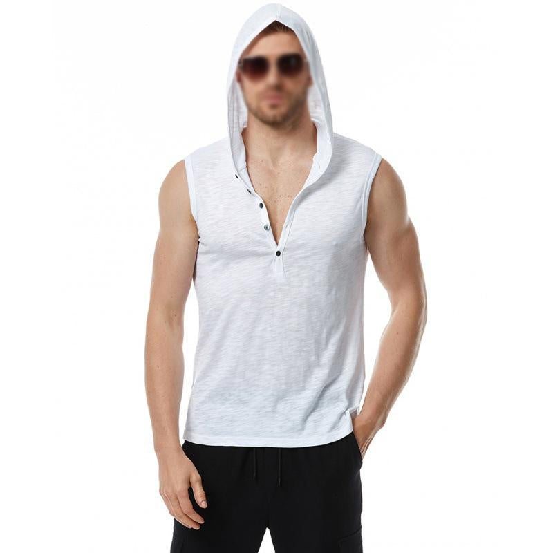 Mens Casual Solid Color V Neck Hooded Sleeveless Tank Top 03939558M