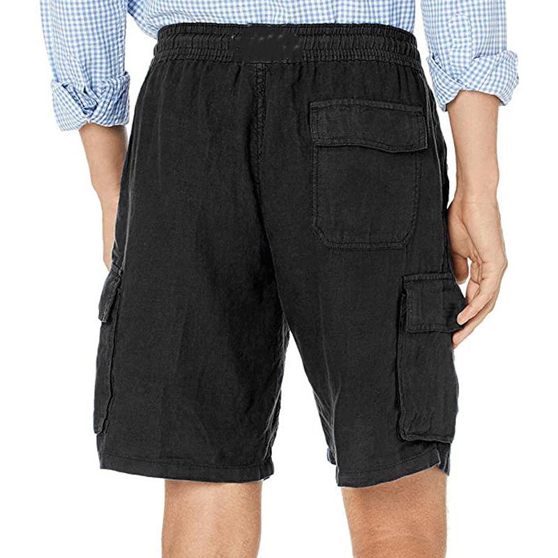 Mens Casual Solid Color Cotton Linen Multi-Pocket Drawstring Shorts 01649333Y