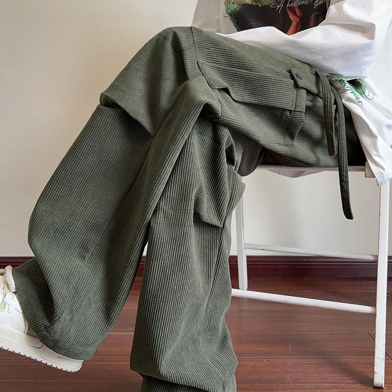 Mens Solid Corduroy Multi-pocket Elastic Waist Loose Cargo Pants 21951086Z