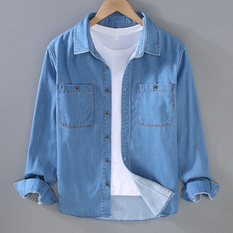 Mens Vintage Lapel Single Breasted Long Sleeve Denim Shirt 48569159M