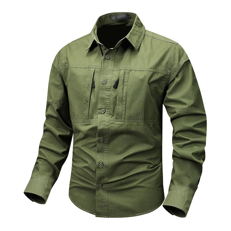 Mens Casual Outdoor Zipper Pocket Cotton Workwear Long-Sleeved Shirt 31226874M