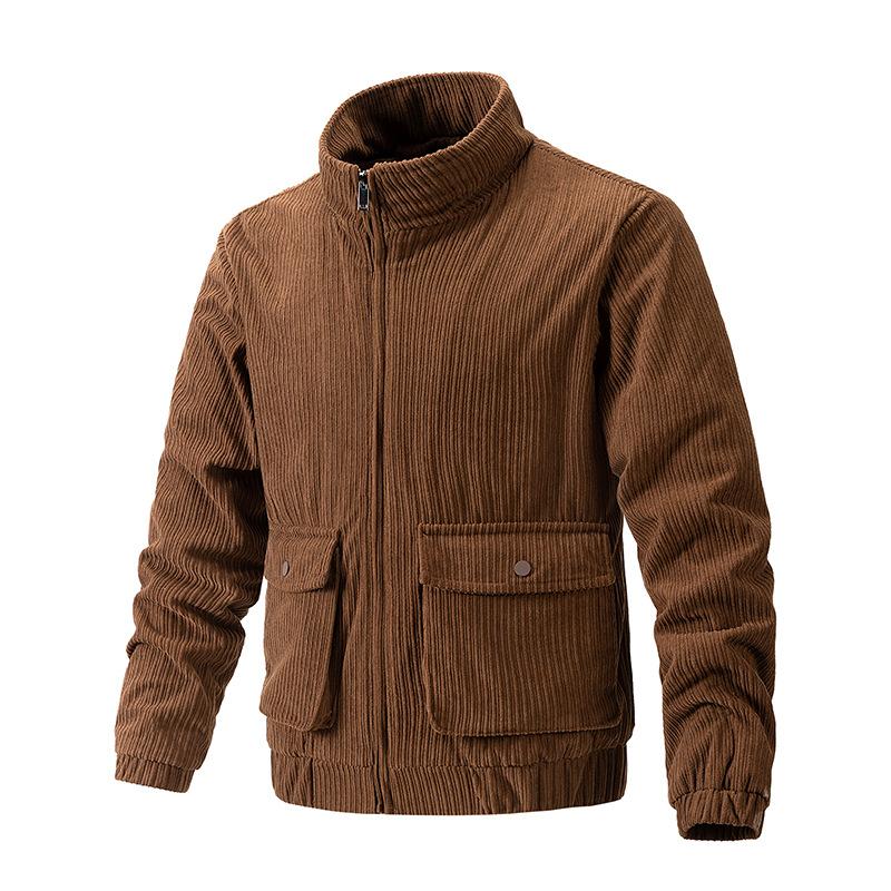 Mens Corduroy Solid Color Stand Collar Cargo Casual Jacket 08152342X