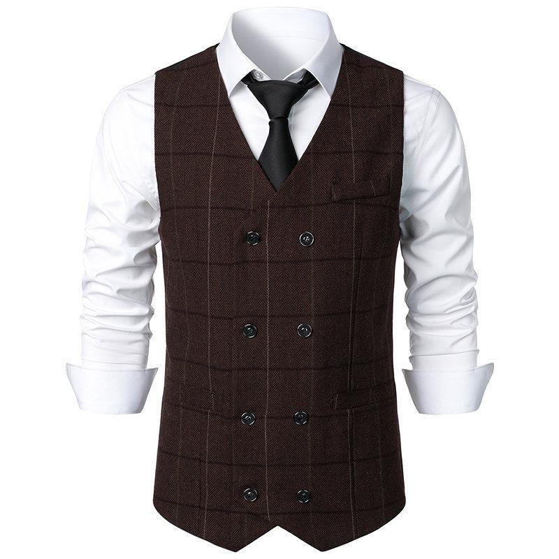 Mens Vintage Plaid V Neck Double Breasted Suit Vest 70463888Z