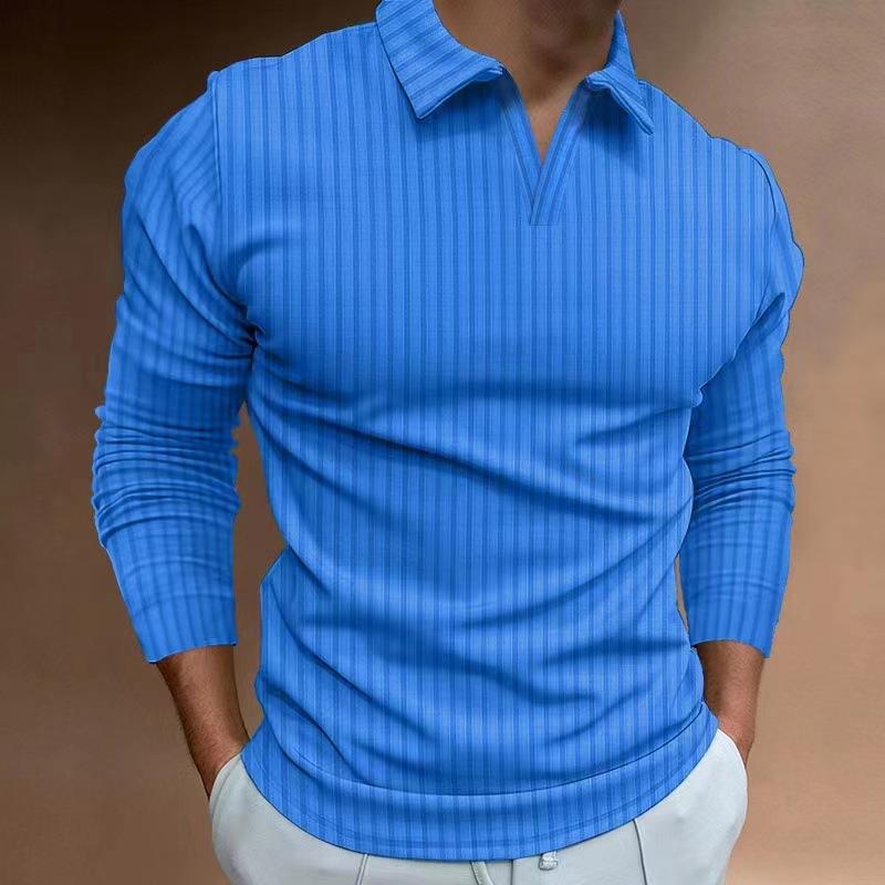 Mens Casual Solid Color Striped V-Neck Long Sleeve POLO Shirt 93502950Y