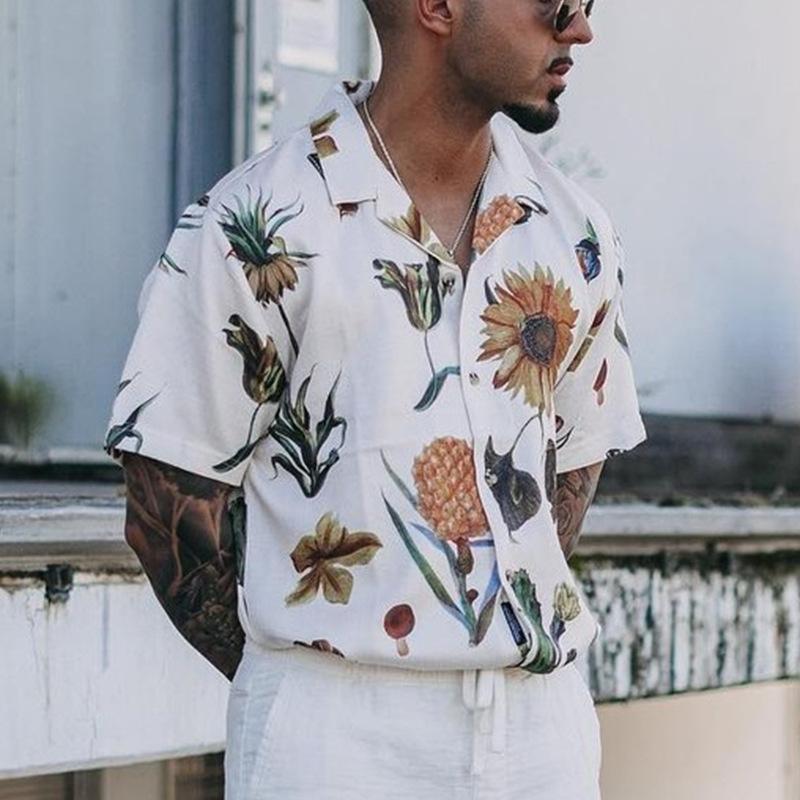 Mens Casual Flower Print Loose Breathable Short Sleeve Shirt 34495128M