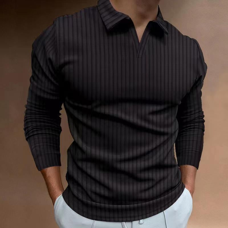 Mens Casual Solid Color Striped V-Neck Long Sleeve POLO Shirt 93502950Y