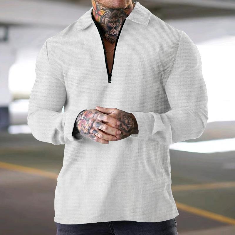 Mens Solid Waffle Zipper Lapel Long Sleeve Polo Shirt 15174557Z