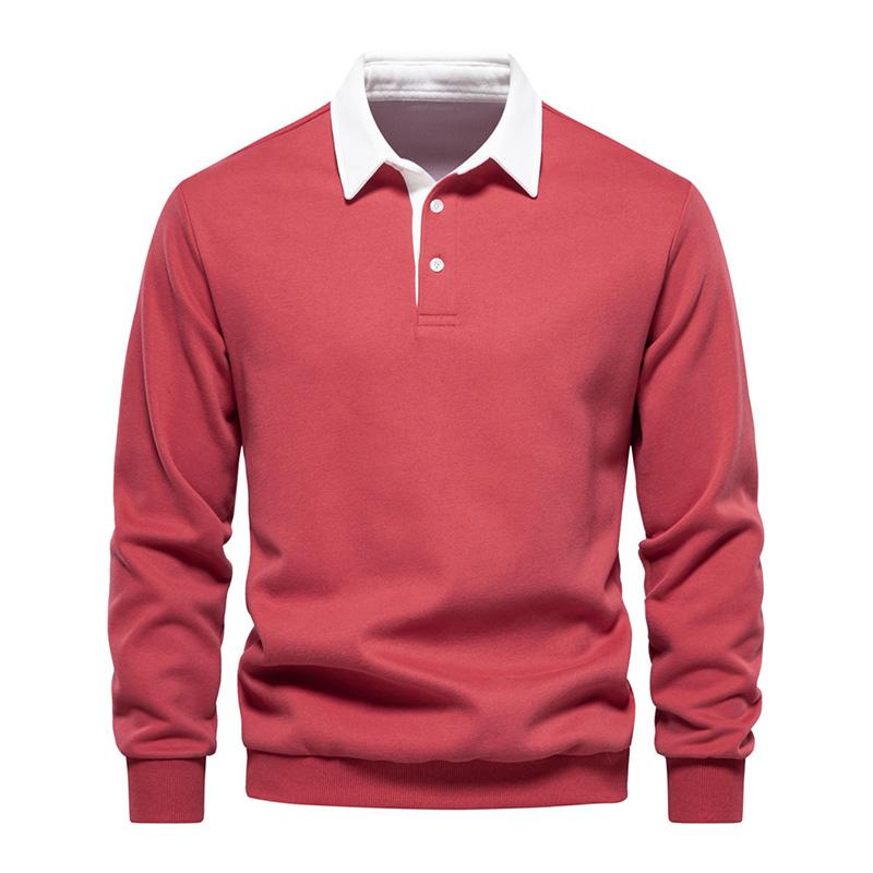 Mens Casual Color Contrasting Lapel Loose Long Sleeve Polo Shirt 72890642M