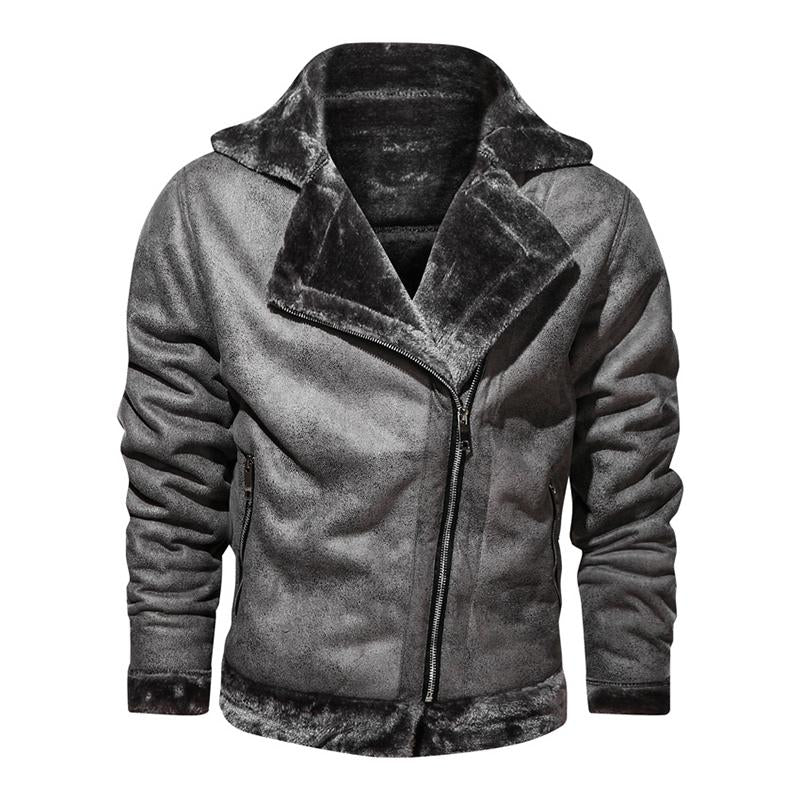 Mens Vintage Lapel Faux Fur Warm Zippered Leather Jacket 63798528M