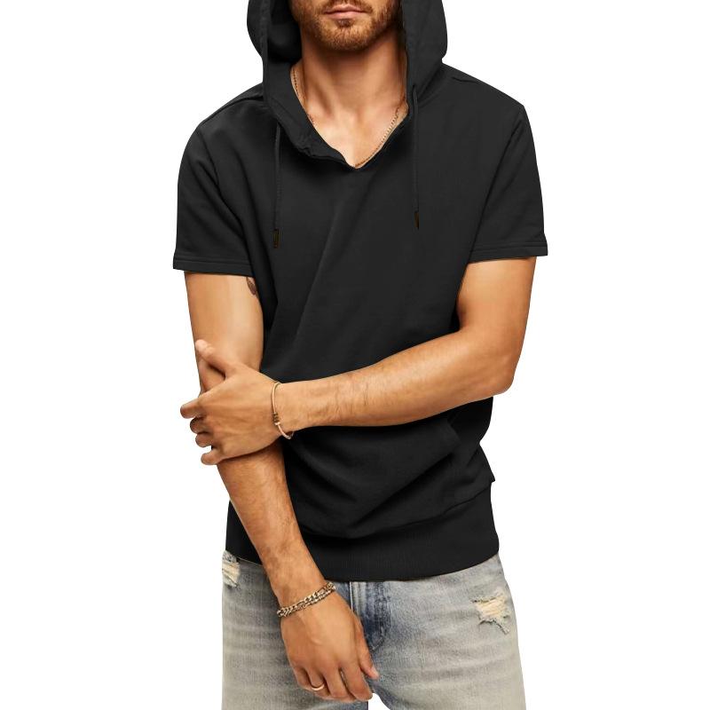 Mens Sports Casual Solid Color Hooded Short Sleeve T-Shirt 67117585Y