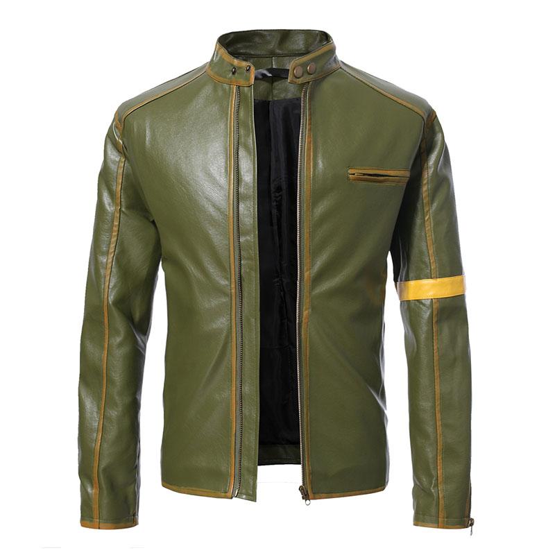 Mens Vintage Distressed Stand Collar Contrast Color Motorcycle Leather Jacket 10108770M