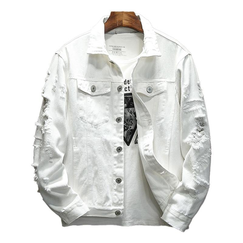 Mens Fashion Solid Color Ripped Loose Lapel Single Breasted Denim Jacket 71777939M