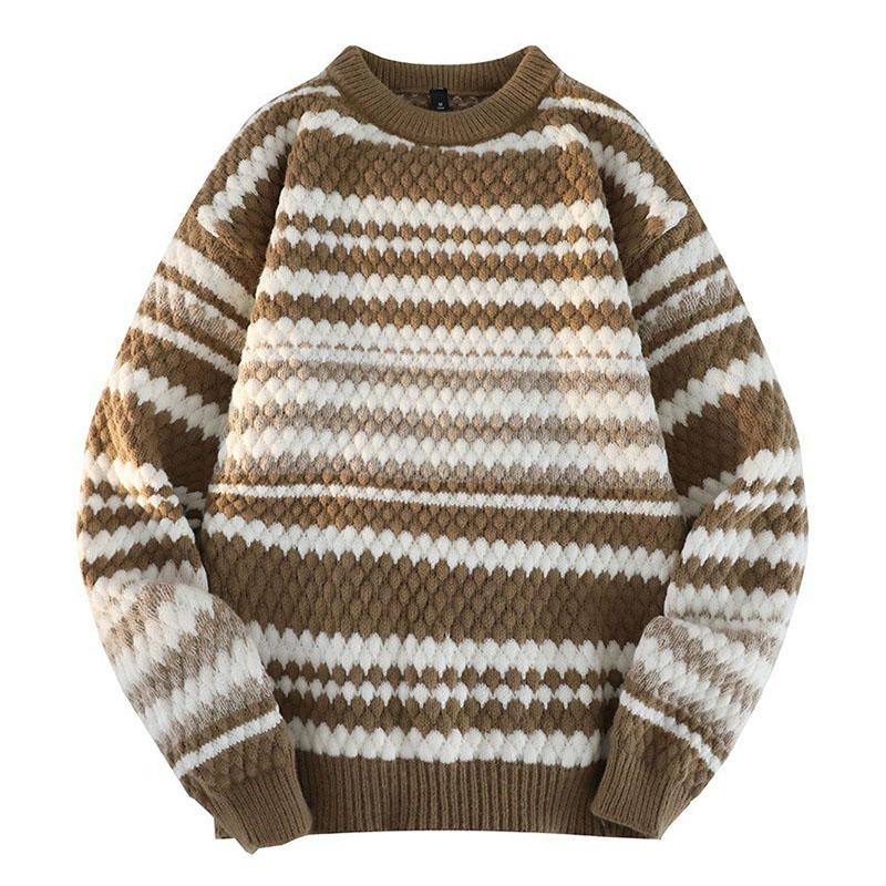 Mens Vintage Stripe Colorblock Round Neck Long Sleeve Pullover Sweater 32321174M