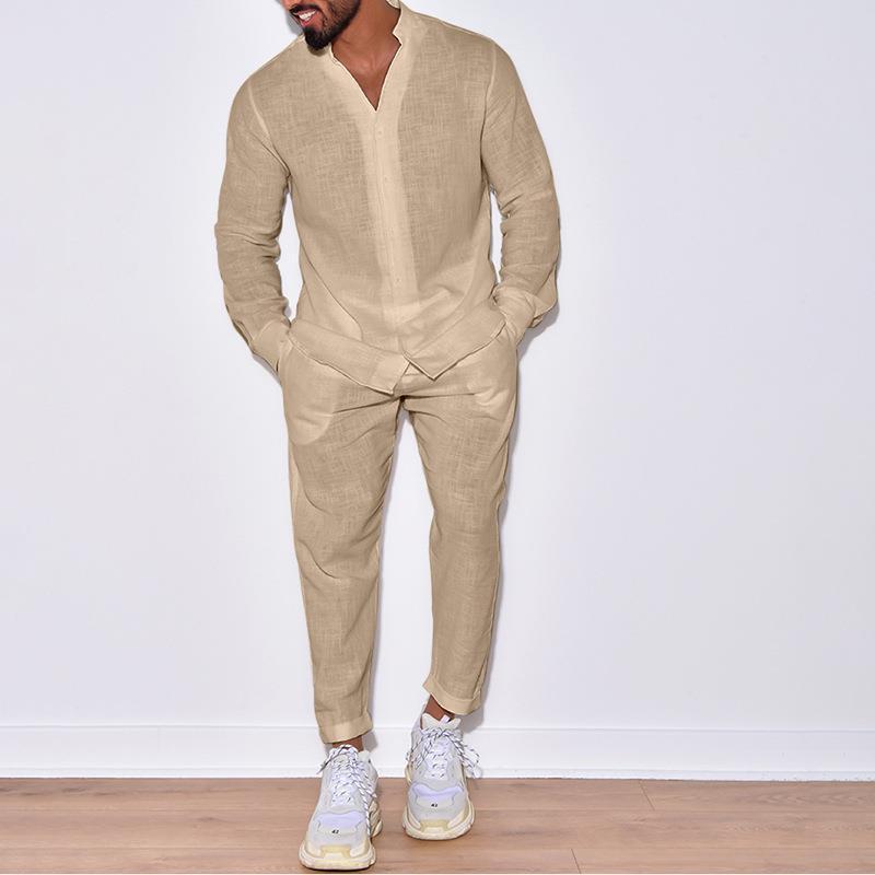 Mens Solid Loose Linen Stand Collar Long Sleeve Shirt Trousers Set 87851380Z