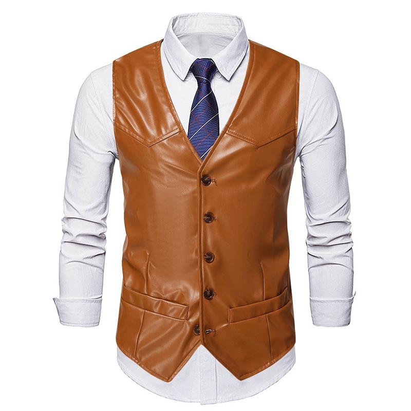 Mens Vintage Solid Color Collarless Leather Vest 99226572Y