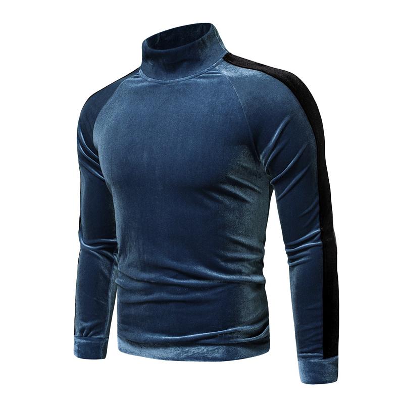 Mens Casual Turtleneck Fleece Warm Colorblock Long Sleeve T-Shirt 04024273M
