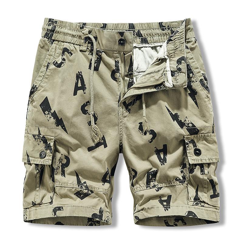 Mens Casual Letter Print Multi-Pocket Loose Cargo Shorts 77351830M