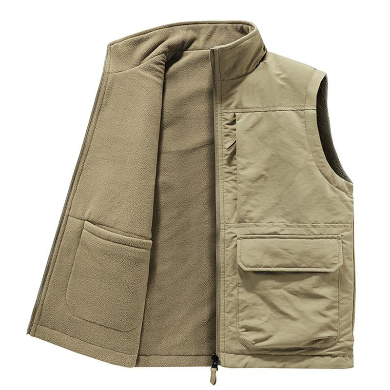 Mens Casual Outdoor Stand Collar Reversible Fleece Warm Multi-pocket Vest 10186640M