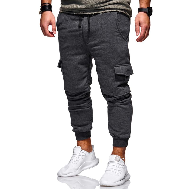 Mens Solid Color Casual Fashion Tether Elastic Multi Pocket Sweatpants 03839355X