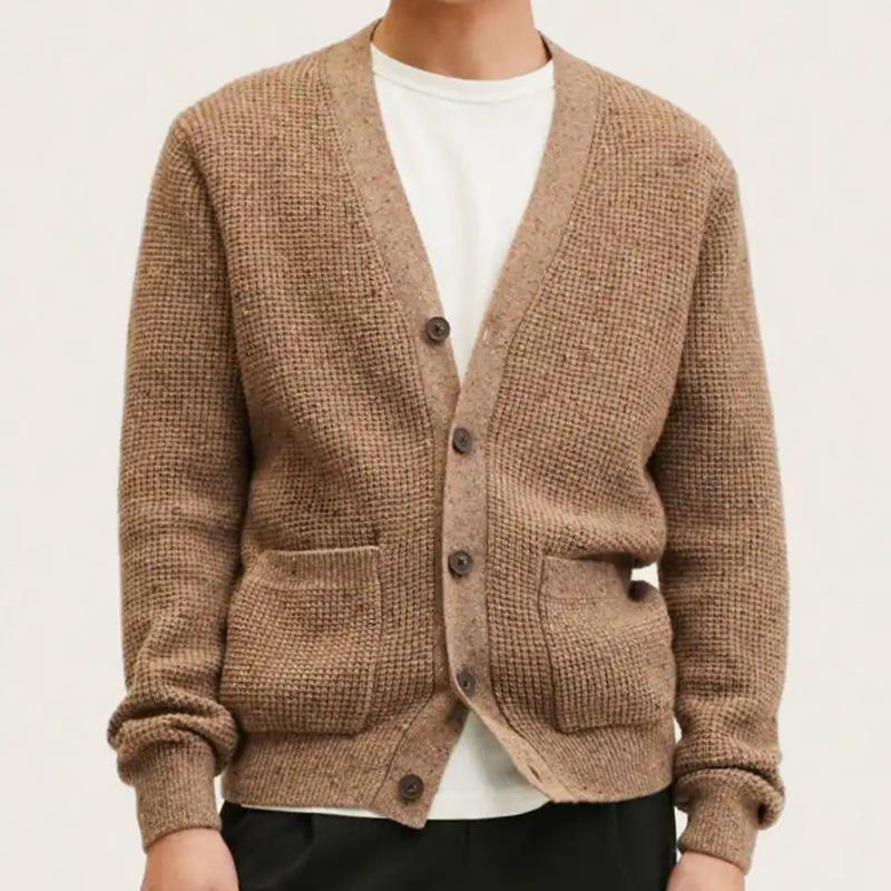 Mens Casual V-Neck Thick Solid Color Knitted Cardigan 91052218M