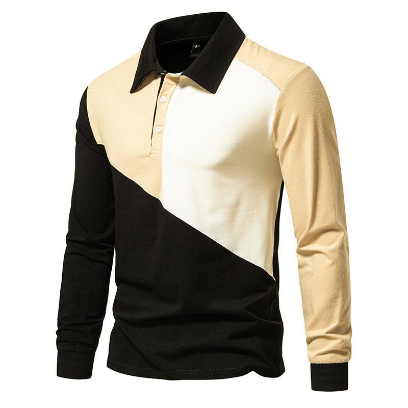 Mens Color Block Lapel Long Sleeve Casual Polo Shirt 46370091Z