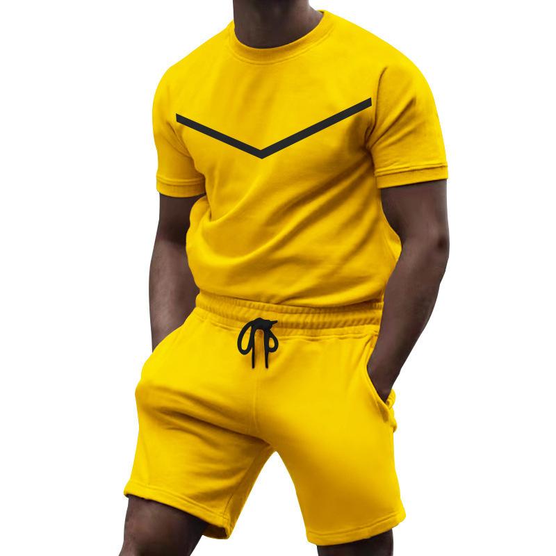 Mens Sports Solid Color Round Neck T-Shirt Short Sleeve Shorts Set 53183310Y