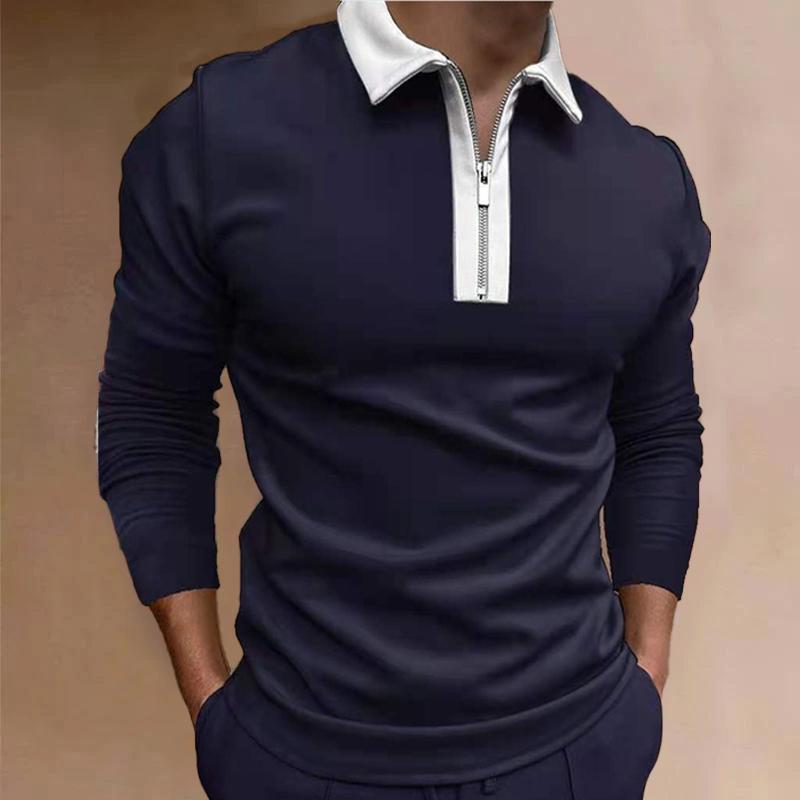 Mens Casual Color Block Zip Lapel Long Sleeve Polo Shirt 05045854Y