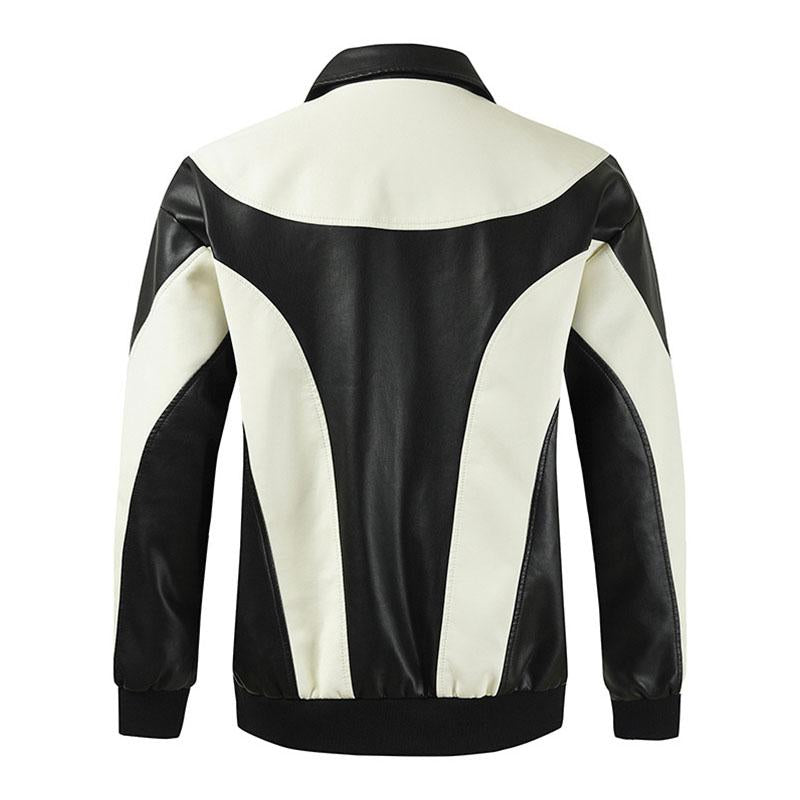 Mens Stylish Colorblock Pathcwork Lapel Leather Motorcycle Jacket 84370903M