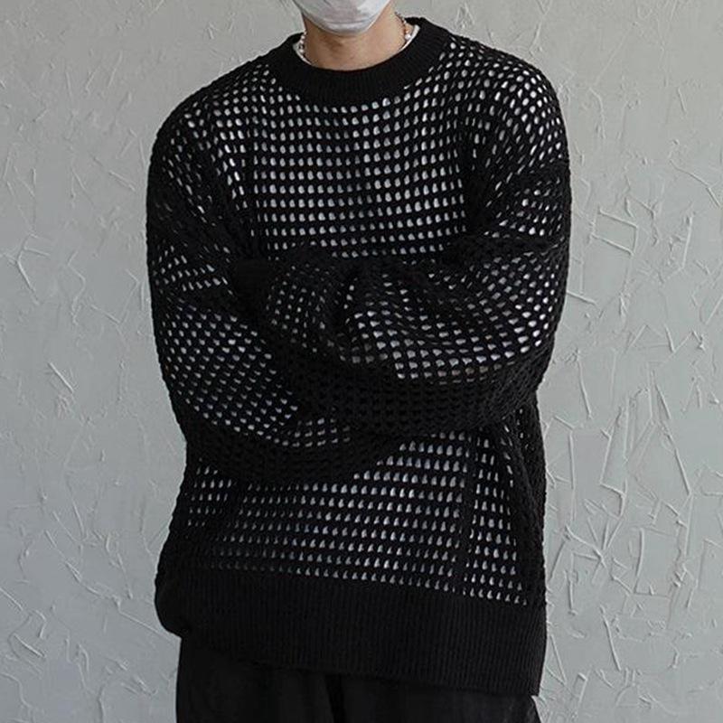 Mens Fashion Solid Color Mesh Hollow Round Neck Long Sleeve Knitted Sweater 25224548M