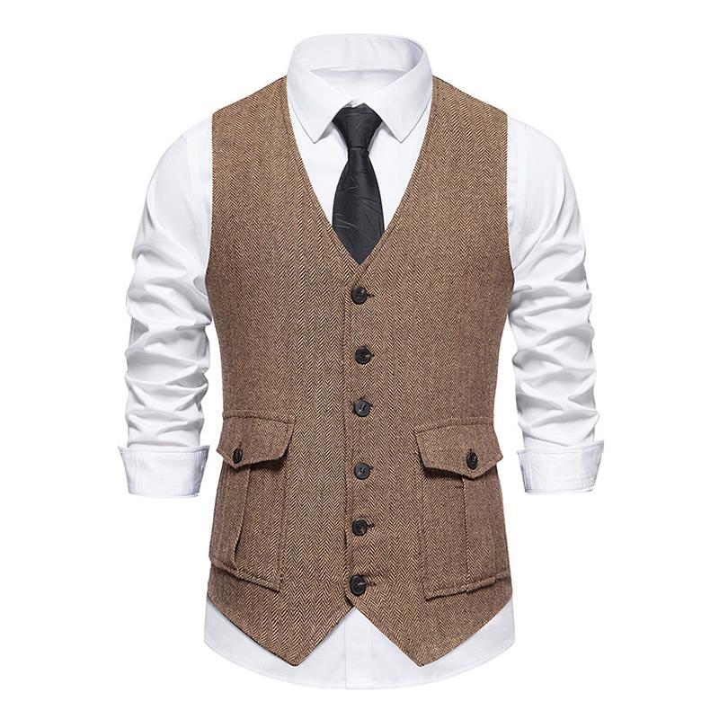 Mens Vintage V-Neck Single Breasted Patch Pocket Suit Vest (Shirt and Tie Excluded) 02085676M