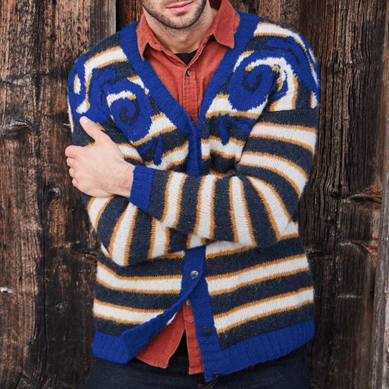 Mens Casual V-Neck Striped Single-Breasted Loose Knitted Cardigan 69993640M