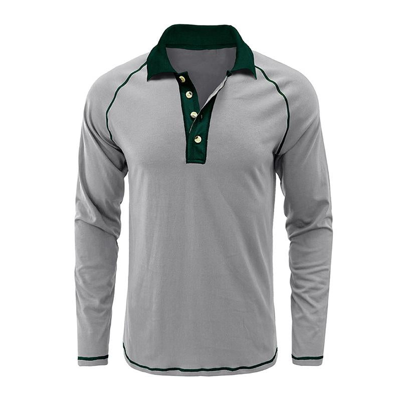 Mens Casual Color Contrasting Lapel Long Sleeve Polo Shirt 04563249M