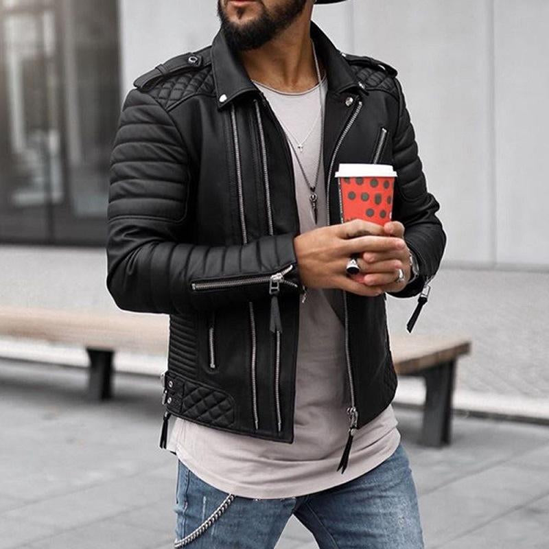 Mens Quilted Thick Lapel Zipper Leather Jacket 23255813X