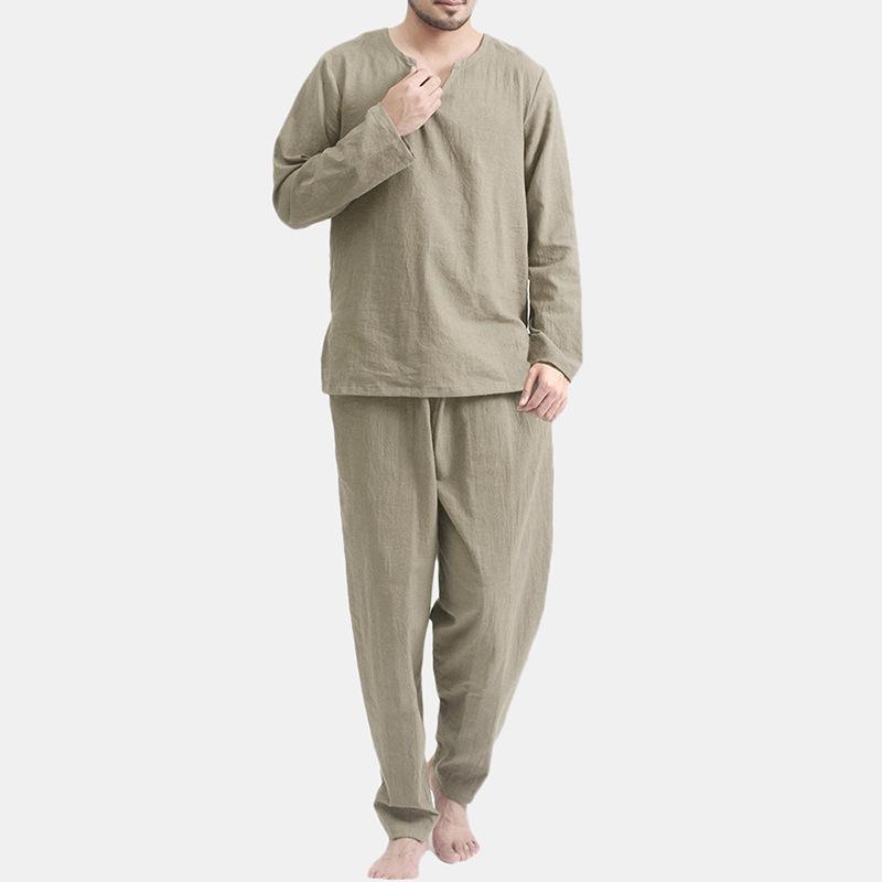 Mens Casual Thin Breathable Loose Long Sleeve Shirt Trousers Set 82797483M